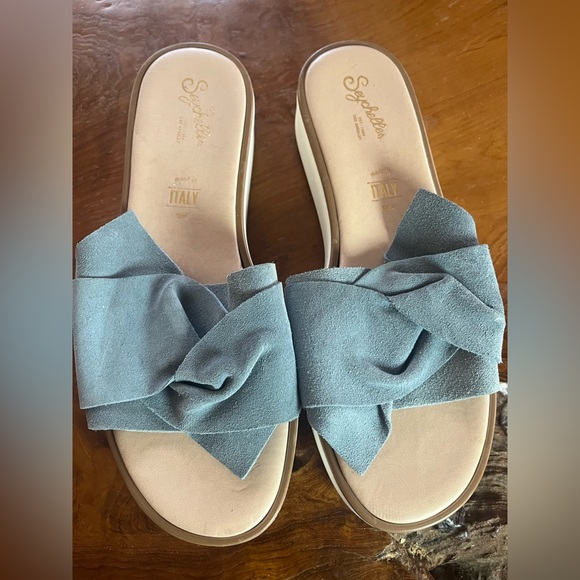Anthropologie Seychelles Coast Slides Blue Suede Slip-On Sandals Women’s 7.5